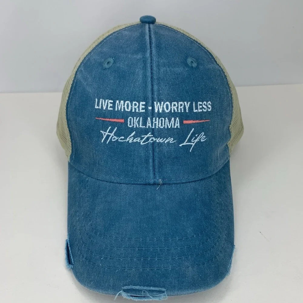Hochatown Life Oklahoma Hat Blue Distressed Adjustable Snap Mesh Baseball Cap
